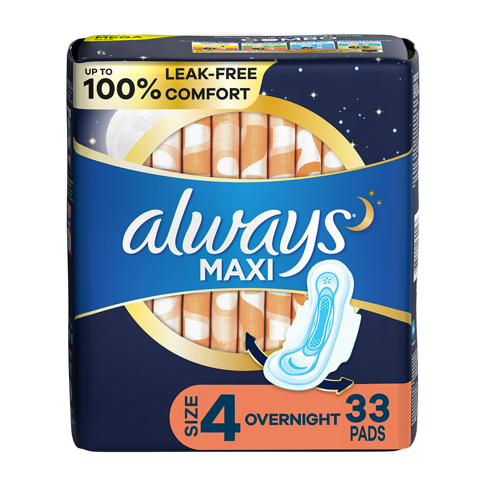 Always Maxi Overnight Pads with Wings, Size 4, 33 Ct